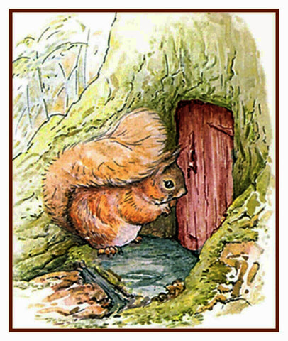 Squirrel Nutkin Knocks on Door inspired by Beatrix Potter Counted Cross Stitch Pattern