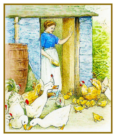 Farmer's Wife Feeds Chickens inspired by Beatrix Potter Counted Cross Stitch Pattern