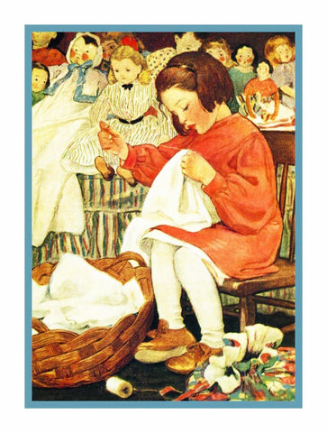 Busy Bee Girl Sewing Doll Clothes By Jessie Willcox Smith Counted Cross Stitch Pattern