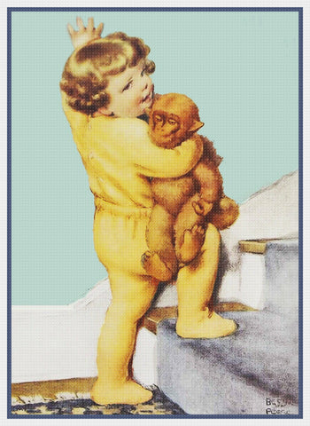 Bessie Pease Gutmann Boy Climbing the Stairs with His Monkey Counted Cross Stitch Pattern