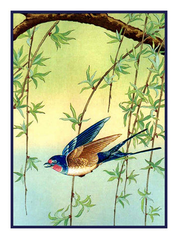 Japanese Artist Ohara Shoson's Blue Bird in Willow Tree Counted Cross Stitch Pattern