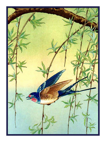 Japanese Artist Ohara Shoson's Blue Bird in Willow Tree Counted Cross Stitch Pattern