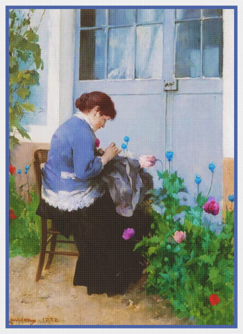 Woman Sewing in the Garden by Swedish Artist Carl Larsson Counted Cross Stitch Pattern