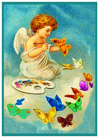 Vintage Easter Cherub Angel Painting Butterflies Counted Cross Stitch Pattern