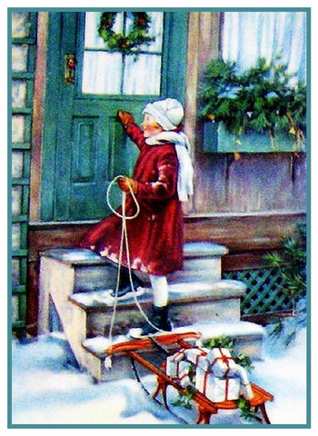 Christmas Scene# 702 Girl Delivers Presents Sled Counted Cross Stitch Pattern DIGITAL DOWNLOAD