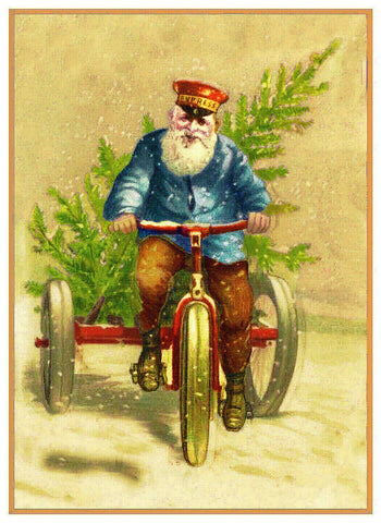 Father Christmas Santa Claus Delivering Tree on Bicycle Counted Cross Stitch Pattern DIGITAL DOWNLOAD
