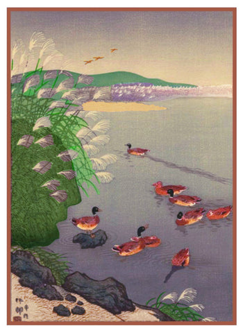 Japanese Artist Ohara Shoson's Wild Ducks on a Pond Counted Cross Stitch Pattern