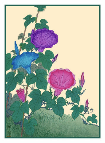 Japanese Artist Ohara Shoson's Morning Glory Flower Blossoms  Counted Cross Stitch Pattern