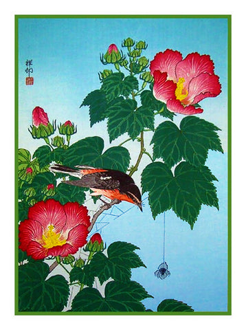 Japanese Artist Ohara Shoson's Mallow Flower and Flycatcher Bird  Counted Cross Stitch Pattern