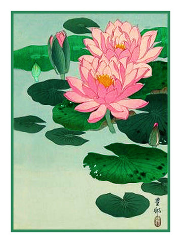 Japanese Artist Ohara Shoson's Lotus Flowers Counted Cross Stitch Pattern