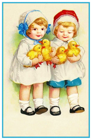 Vintage 2 Young Girls with Their Easter Chicks Counted Cross Stitch Pattern