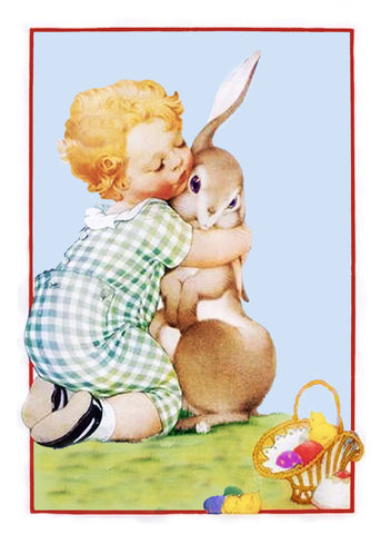 Vintage Child Hugging Baby Bunny Easter Counted Cross Stitch Pattern