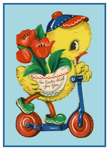 Vintage Easter Baby Duck Riding a Scooter Counted Cross Stitch Pattern