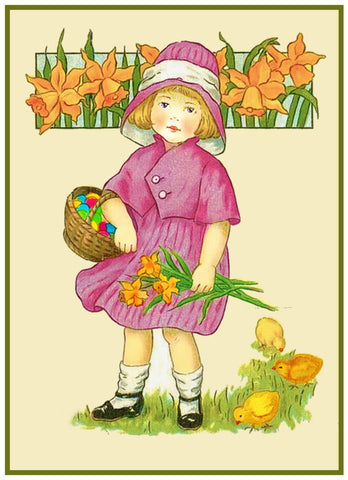 Vintage Easter Young Girl with Spring Flowers and Basket Counted Cross Stitch Pattern
