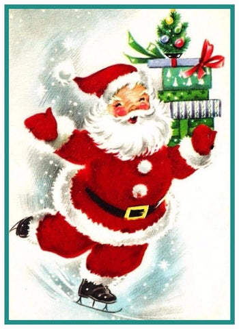 Father Christmas Santa Claus Skating # 757 Counted Cross Stitch Pattern DIGITAL DOWNLOAD