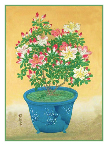 Japanese Artist Ohara Shoson's Azalea Flowers in a Pot Counted Cross Stitch Pattern