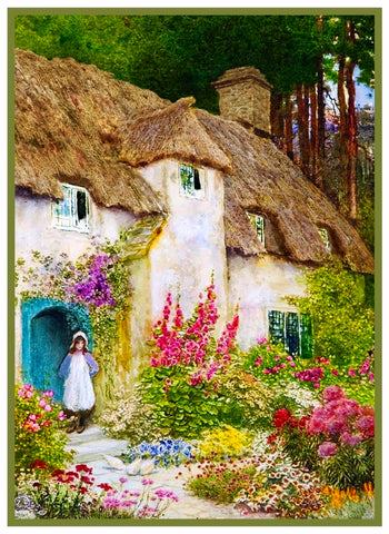 A Girl at English Cottage Door by A. C. Strachan Counted Cross Stitch Pattern