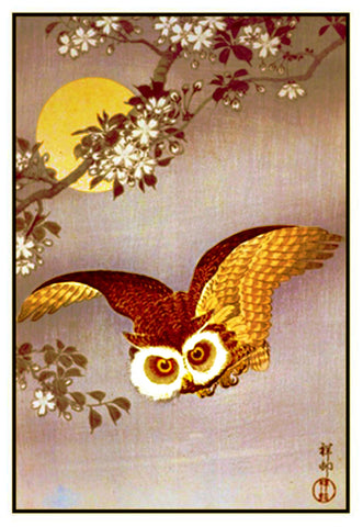 Japanese Artist Ohara Shoson's Owl In a Full Moon Counted Cross Stitch Pattern DIGITAL DOWNLOAD