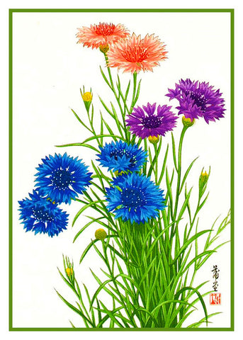 Tanigami Konan Asian Blue Cornflower Flowers Counted Cross Stitch Pattern DIGITAL DOWNLOAD