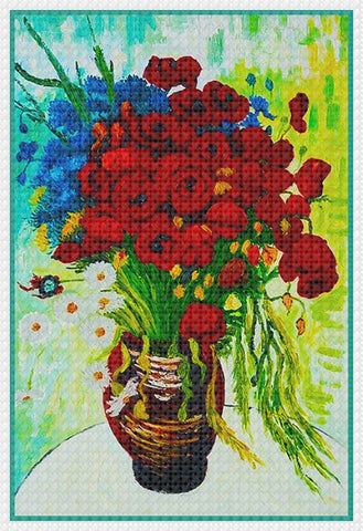 Vase of Poppies and Daisies inspired by Vincent Van Gogh's Impressionist Counted Cross Stitch Pattern DIGITAL DOWNLOAD