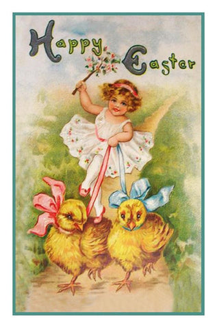Vintage Easter Young Girl Walking Her Pet Chicks Counted Cross Stitch Pattern