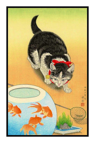 Japanese Artist Ohara Shoson's Cat and a Goldfish Bowl Counted Cross Stitch Pattern DIGITAL DOWNLOAD