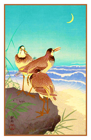 Japanese Artist Ohara Shoson's Plover at Seaside with Crescent Moon Counted Cross Stitch Pattern