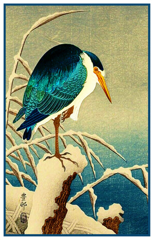 Japanese Artist Ohara Shoson's Blue Heron Bird in the Rain Counted Cross Stitch Pattern