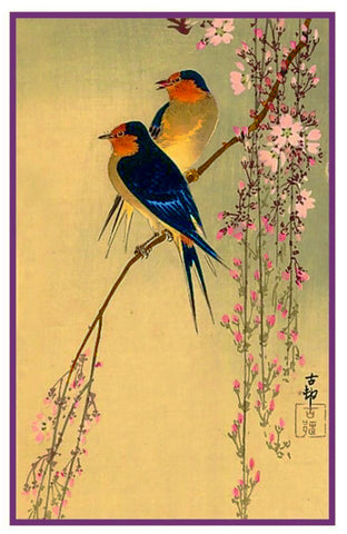 Japanese Artist Ohara Shoson's Swallow Birds on Cherry Blossoms Counted Cross Stitch Pattern