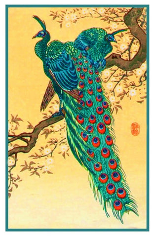 Japanese Artist Ohara Shoson's Peacocks on a Branch Counted Cross Stitch Pattern