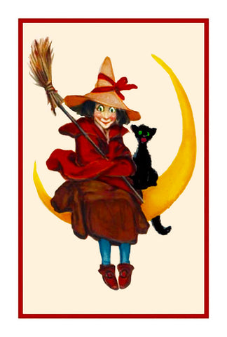 Victorian Halloween Witch Sitting on the Moon with a Black Cat Counted Cross Stitch Pattern