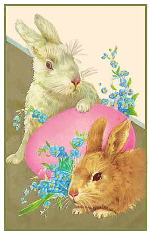 Vintage Easter Bunnies with Flowers and Pink Egg Counted Cross Stitch Pattern