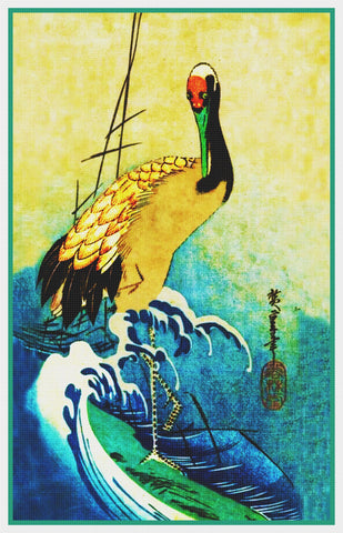 Japanese Hiroshige Crane in Ocean Waves Counted Cross Stitch Pattern