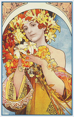 Flowers by Alphonse Mucha Counted Cross Stitch Pattern DIGITAL DOWNLOAD