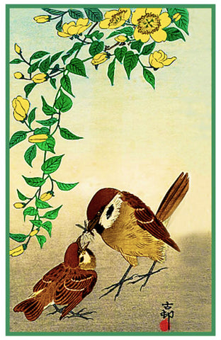Japanese Artist Ohara Shoson's  Mother Sparrow Feeding Baby Bird Counted Cross Stitch Pattern