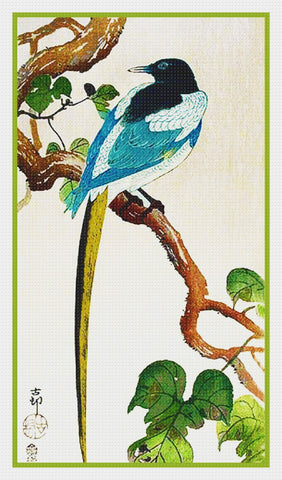 Japanese Artist Ohara (Koson) Shoson's Magpie on a Branch Counted Cross Stitch Pattern
