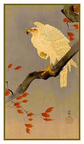 Japanese Artist Ohara Shoson's  White Eagle Bird on Autumn Branch Counted Cross Stitch Pattern