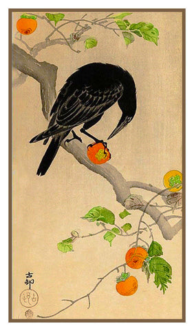 Japanese Artist Ohara Shoson's  Crow on Persimmon Branch Counted Cross Stitch Pattern