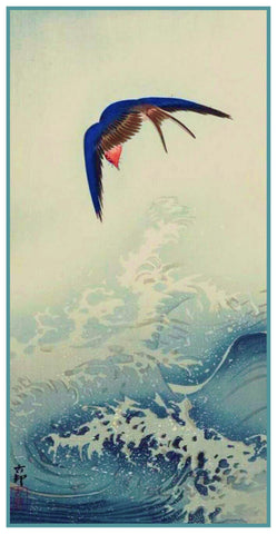 Japanese Artist Ohara Shoson's  Swallow Bird Above An Ocean Wave Counted Cross Stitch Pattern DIGITAL DOWNLOAD