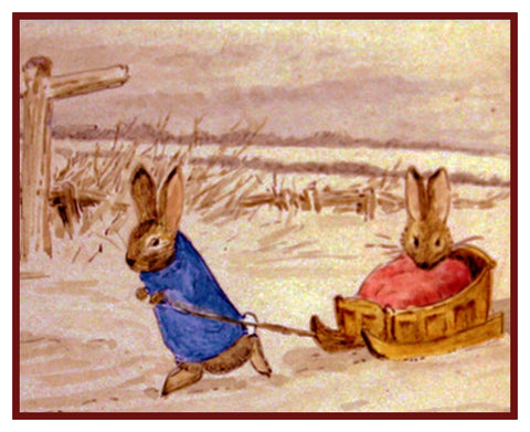 Peter Pulls Ben Rabbit on Sled Inspired by Beatrix Potter Counted Cross Stitch Pattern
