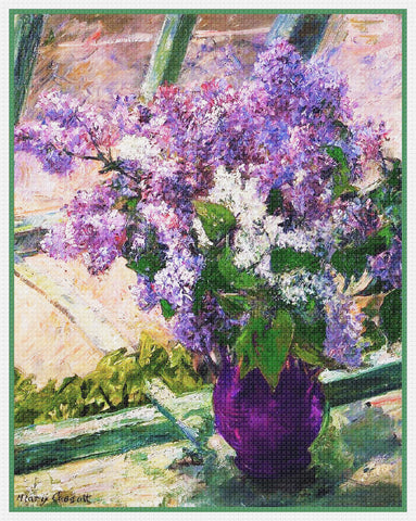 Lilac Flowers in the Window by American impressionist artist Mary Cassatt Counted Cross Stitch Pattern