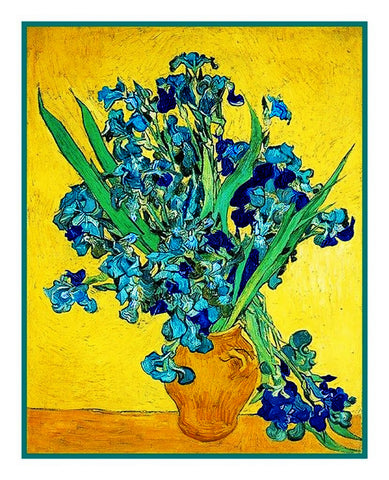 Vase of Irises with Yellow Background inspired by Impressionist Vincent Van Gogh's Painting Counted Cross Stitch Pattern