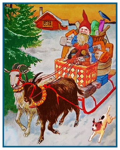 Elf Gnome Delivering Presents on Goat Sled Jenny Nystrom Holiday Christmas Counted Cross Stitch Pattern DIGITAL DOWNLOAD