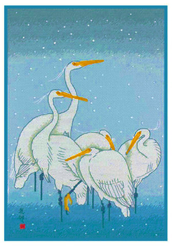 Japanese Artist Ohara Shoson's  5 Heron Birds in the Rain Counted Cross Stitch Pattern
