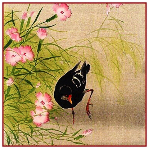 Japanese Artist Ohara Shoson's  Blackbird in Blossoms Counted Cross Stitch Pattern