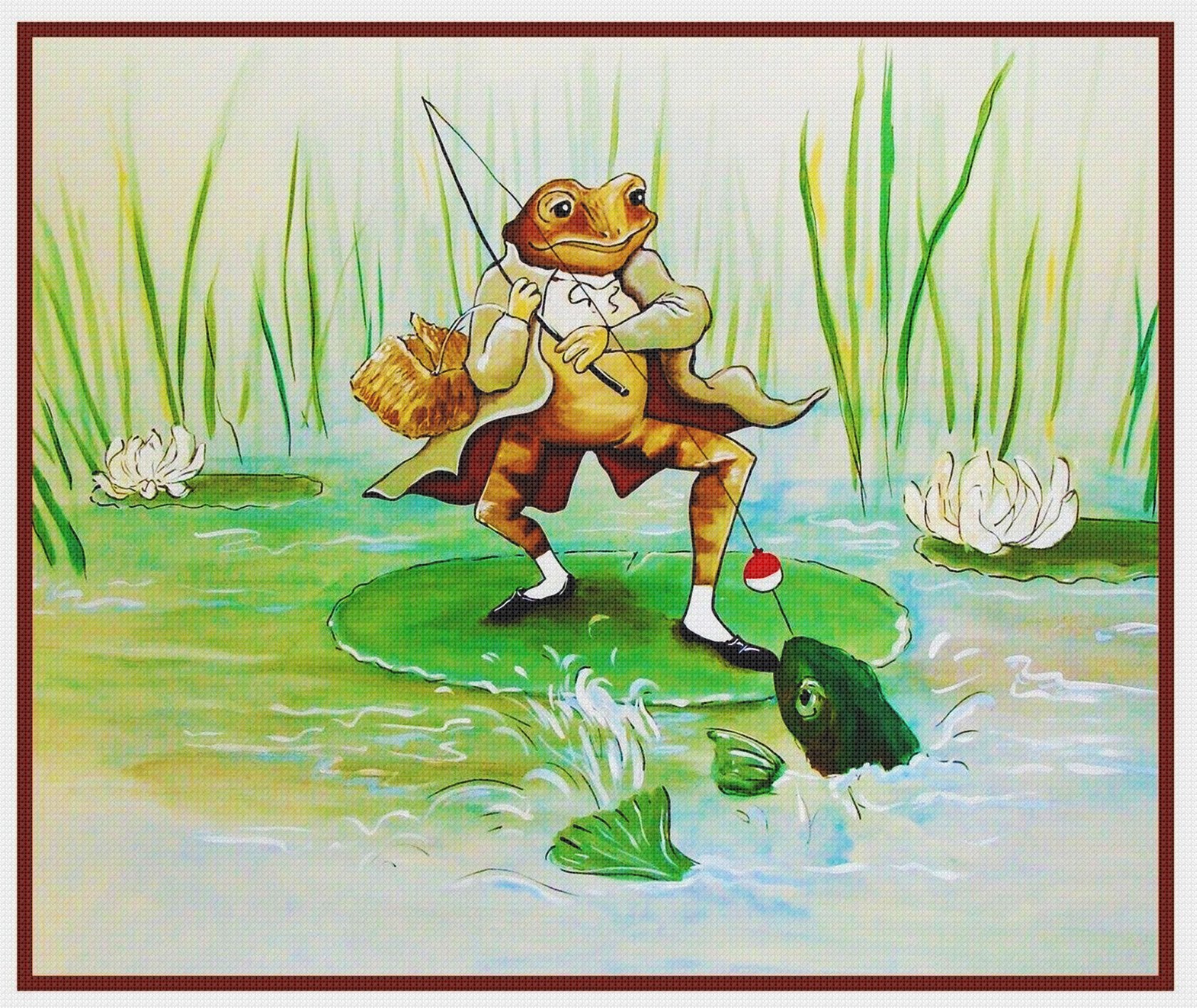 Jeremy Fisher Frog Fishing inspired by Beatrix Potter Counted Cross St