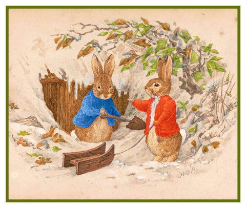 Peter Ben Rabbit Shovel Snow inspired by Beatrix Potter Counted Cross Stitch Pattern