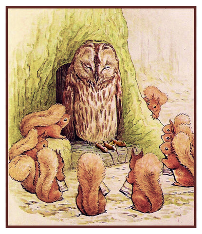 Squirrels Offering to Owl inspired by Beatrix Potter Counted Cross Stitch Pattern