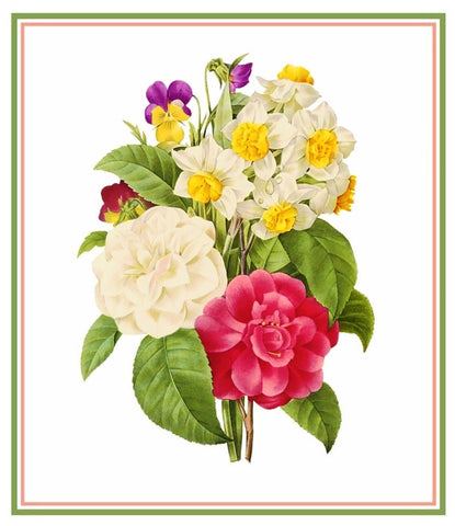 Camelia Spring Flower Bouquet Inspired by Pierre-Joseph Redoute Counted Cross Stitch Pattern