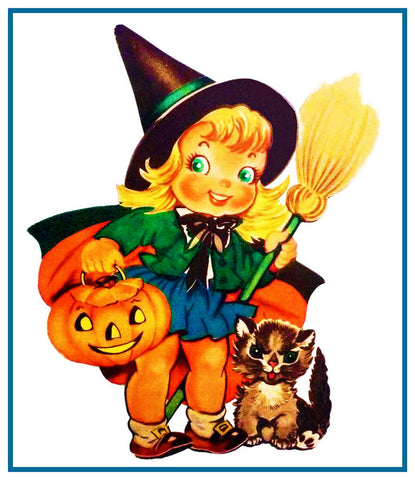 Little Witch and Kitty Cat Halloween Counted Cross Stitch Pattern
